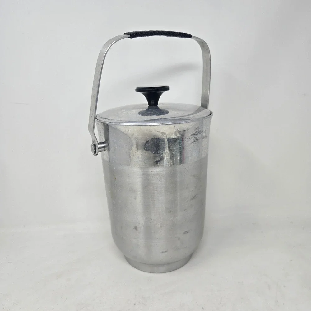 Vintage B-711 Italy Brushed Aluminum Ice Bucket Mid Century Modern Barware Lid
